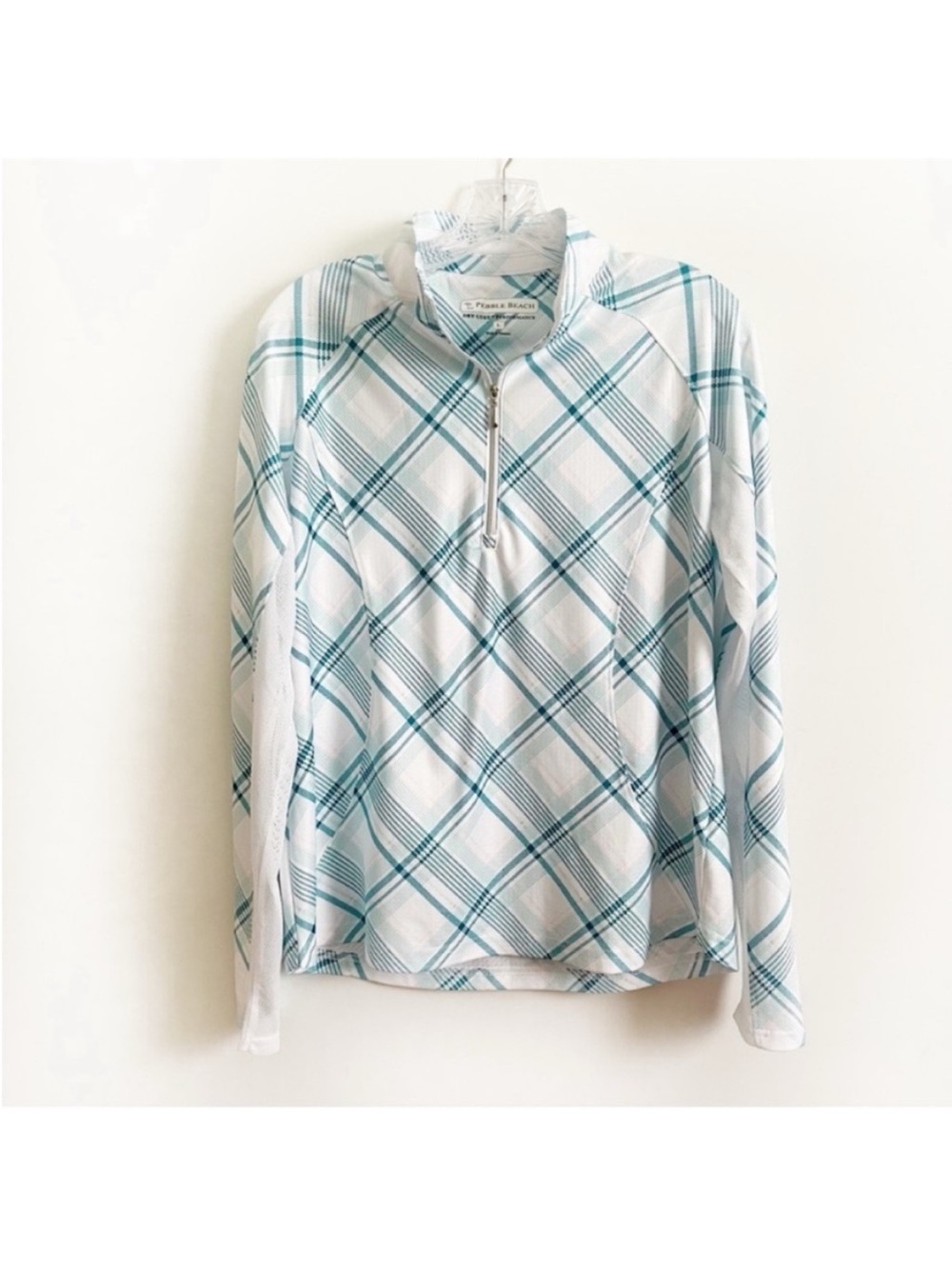 Pebble Beach women's golf shirt white blue Dry-Luxe plaid quarter zip